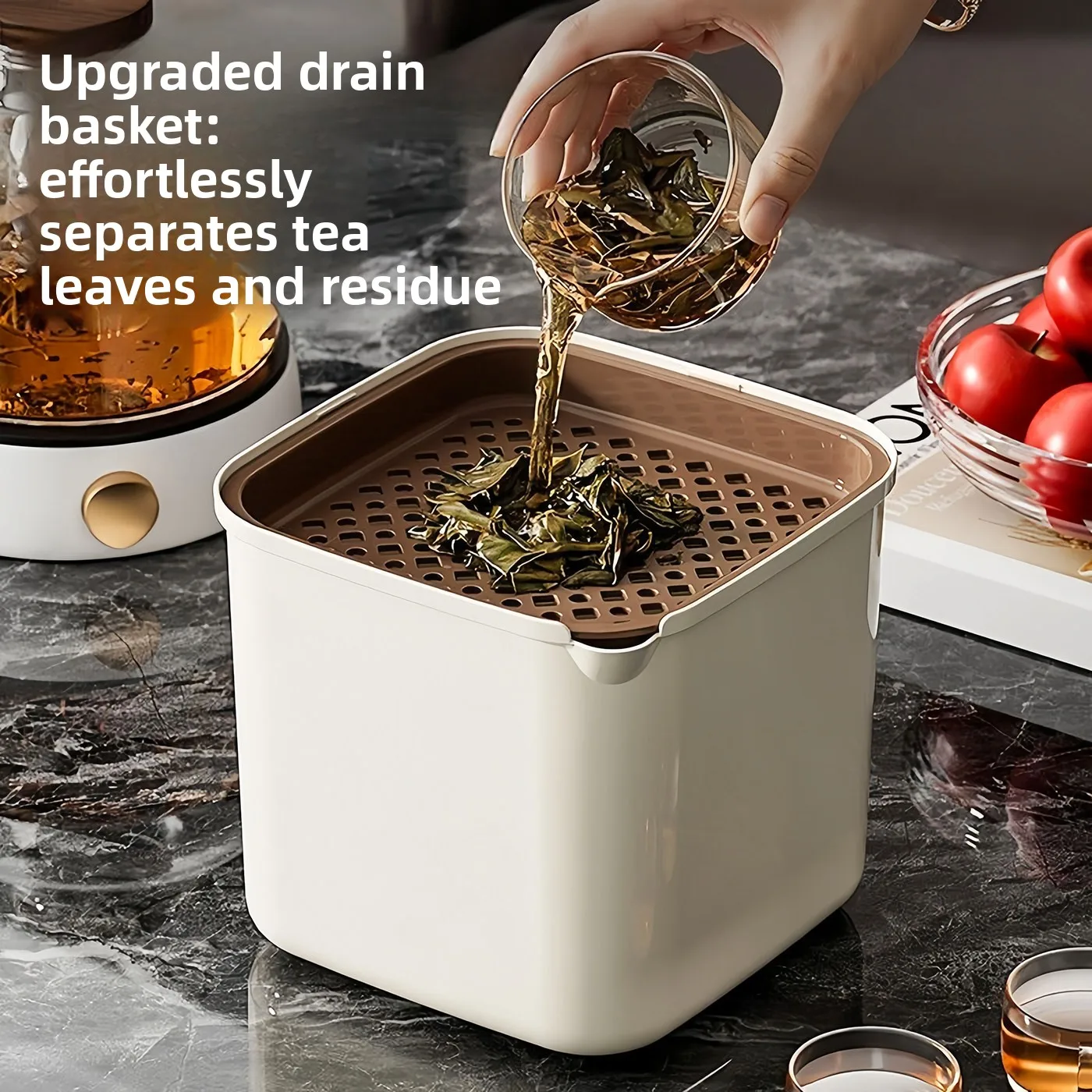 Desktop Tea Residue Bucket Waste Water Bin with Tea Leaf Filter, Mini Dry Wet Separation Trash Can Office Tea Set Accessory