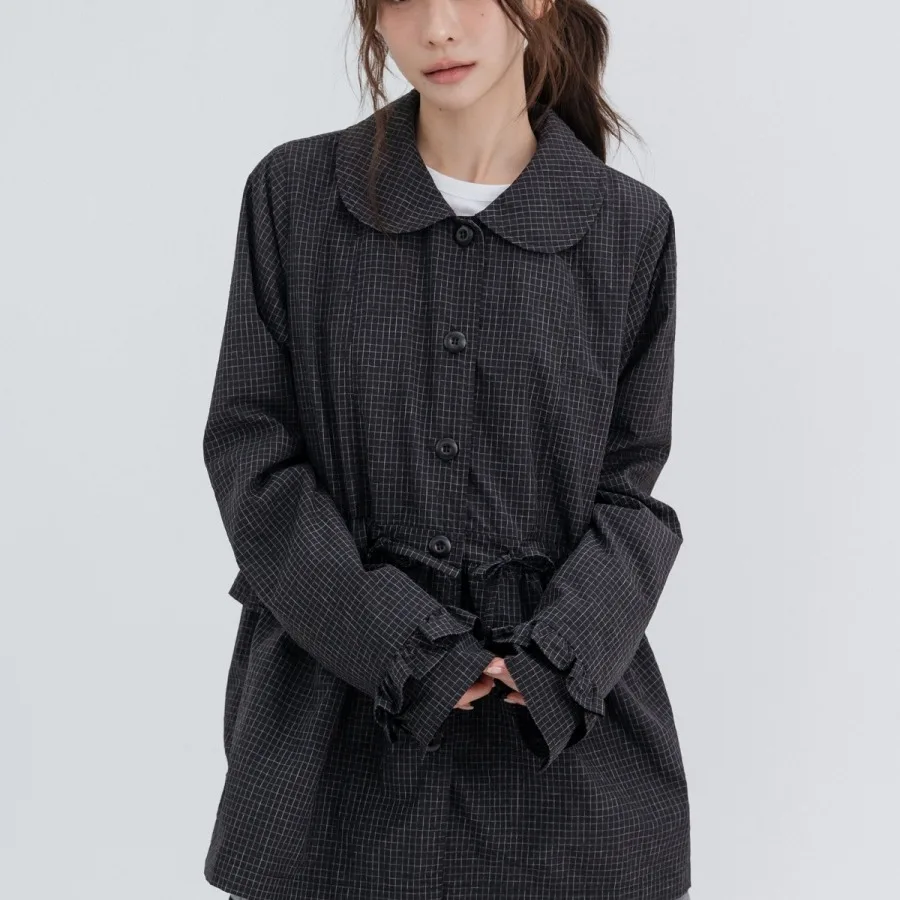 Retro Plaid Single Button Doll Collar Pleated Sleeve Windbreaker Outerwear Drawstring Ribbon Wood Grain  Sleeve Length Coat