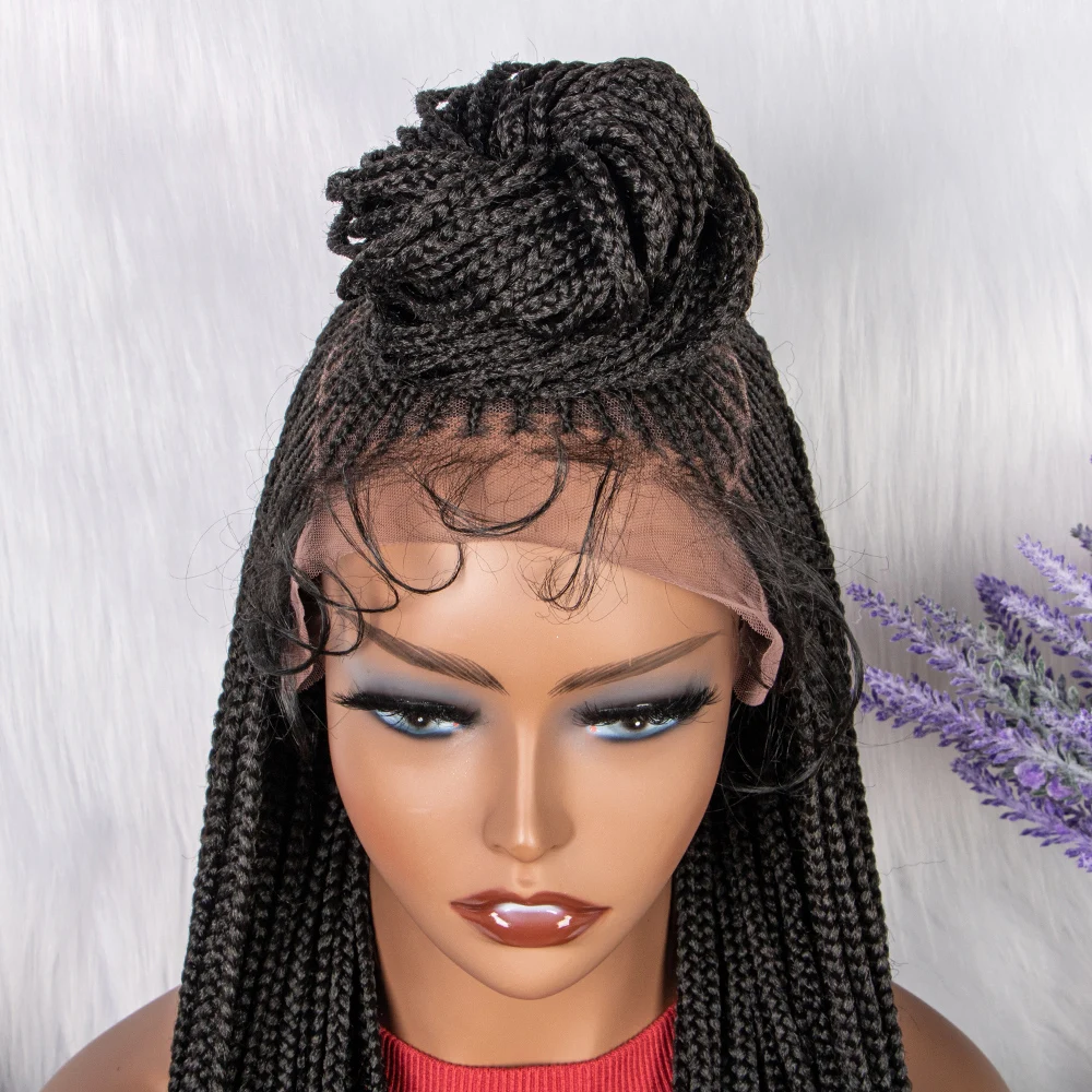 28inch Natural Cornrow Braided Wigs with Buns Synthetic Lace Frontal Braids Wig With Baby Hair Braiding Hair Wig for Black Women