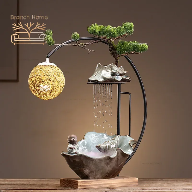 Water decoration fountain with atomization living room desktop office ceramic Chinese home decoration opening craft gift