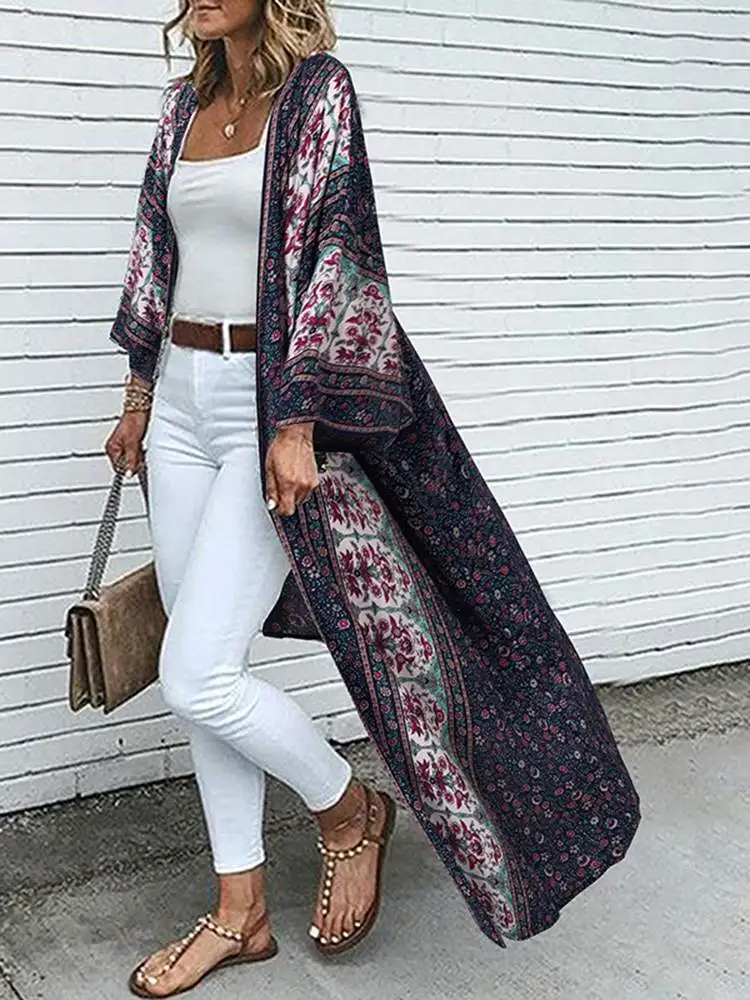 Summer Bohemian Floral Long Cardigan Women Printed Beach Holiday Kimono Tops ZANZEA Vintage 3/4 Sleeve Blusas Loose Long Shirt