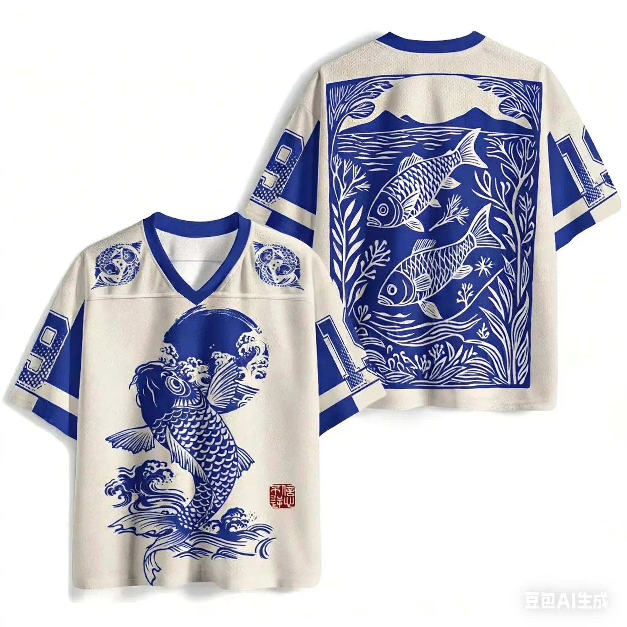 2026 New Summer Japanese Limited Koi Fish Printed V-Neck T-Shirt Quick Dry Fitness Outdoor Casual  Men Women and Children Family