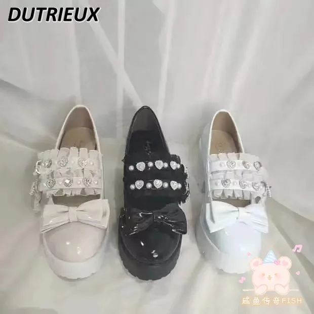 Lolita Japanese Style Women's Leather Pumps Rhinestone Lace Bow Sweet Mine Series Mass-Produced Platform Shoes High Heels