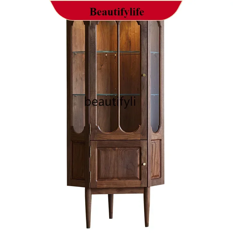 

DD132 Nordic Black Walnut Retro Triangle Cabinet Restaurant Corner Glass Storage Cabinet Wine Side Cabinet