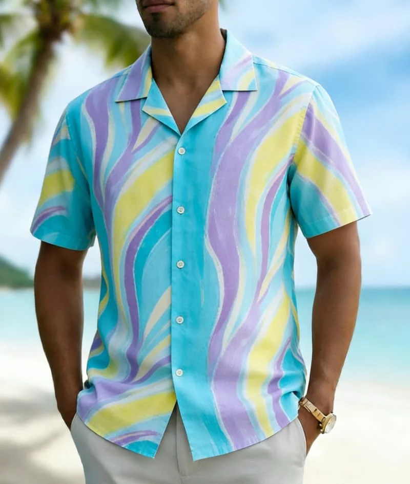 Men's Abstract Wave Print Short Sleeve Lapel Shirt, Trendy Casual Design for Summer Vacation, Daily Wear & Street Style