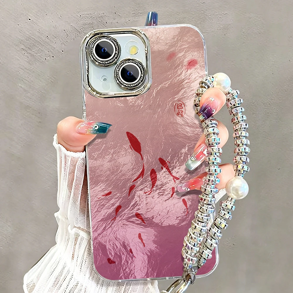 Fundas de Teléfono de Lujo con Diseño de Koi Rosa y Lente de Diamante para iPhone 17 13 11 12 Pro Max Plus 15 14 16 XR con Cordón de Perlas y Cubierta INS