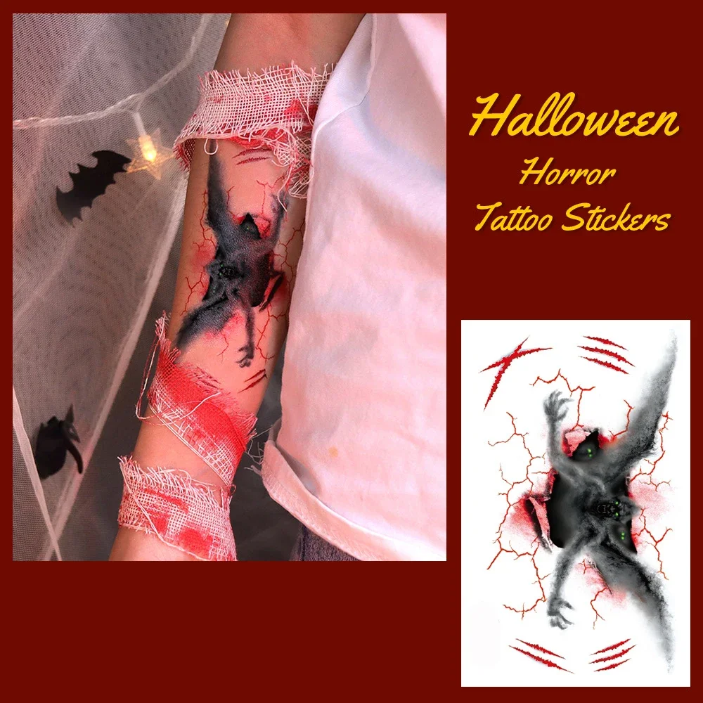 Tattoo Sticker Bat Bleed Scar Horror Halloween Element Waterproof Temporary Fake Tatto for Men Women Makeup Hand Arm  Body Art