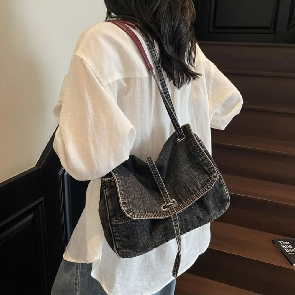 

Fashionable Retro Denim Cloth Bag Simple Large Capacity Vintage Handbag Solid Color Shopping Bag Canvas Shoulder Bag Streetwear