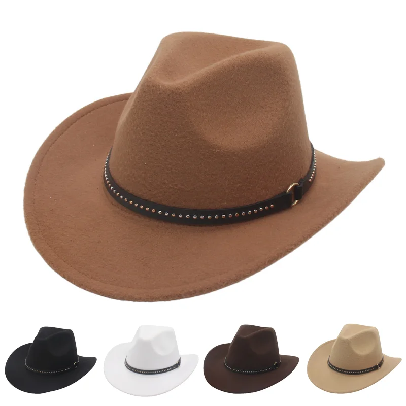 

Vintage Western Curved Brim Cowboy Hat with Studded Belt Decor Retro Style Fedora for Men and Women Party Performance Accessory