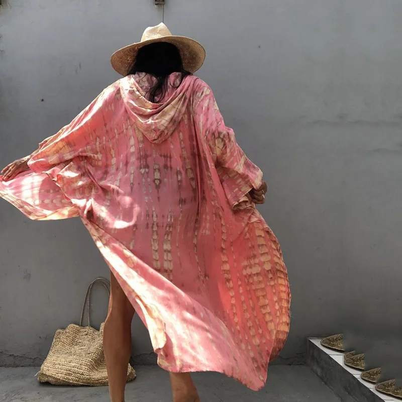 Bohemian Printed Women Beach Dress Bathing Suit Cover Up Summer Tunic For Women Hooded Beachwear Robe de plage