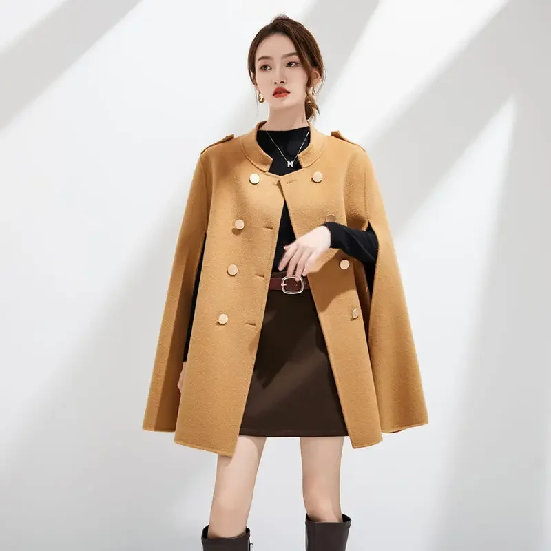 

Women's Autumn/Winter 100% wool mid-length cape Loose Hepburn style double-sided cashmere wool overcoat