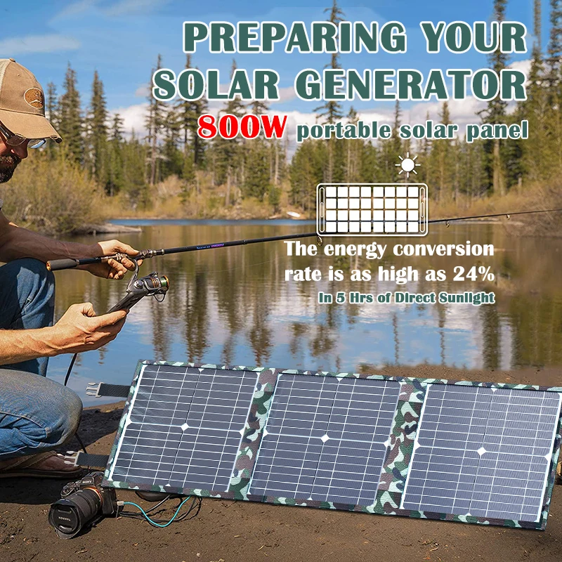800W Solar Charger, Foldable Design with 12V Battery Station & 5V USB – Charge Phones, Laptops, & More for Camping, Hiking