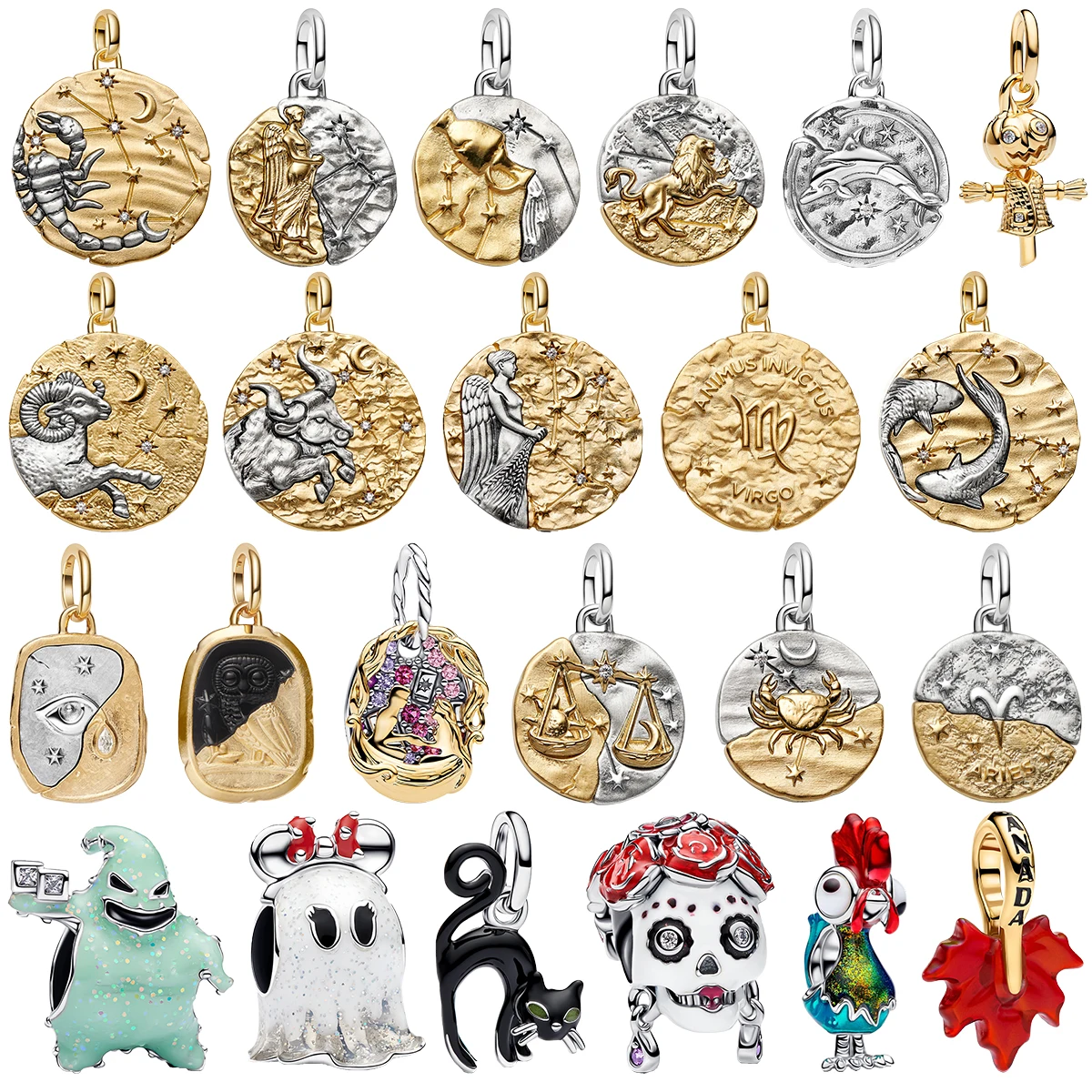 925 Sterling Silver Zodiac Sign Charms Pendent Relief Texture Coin Ghost Skull Cat Rooster Beads Fit Bracelet Necklace Jewelry