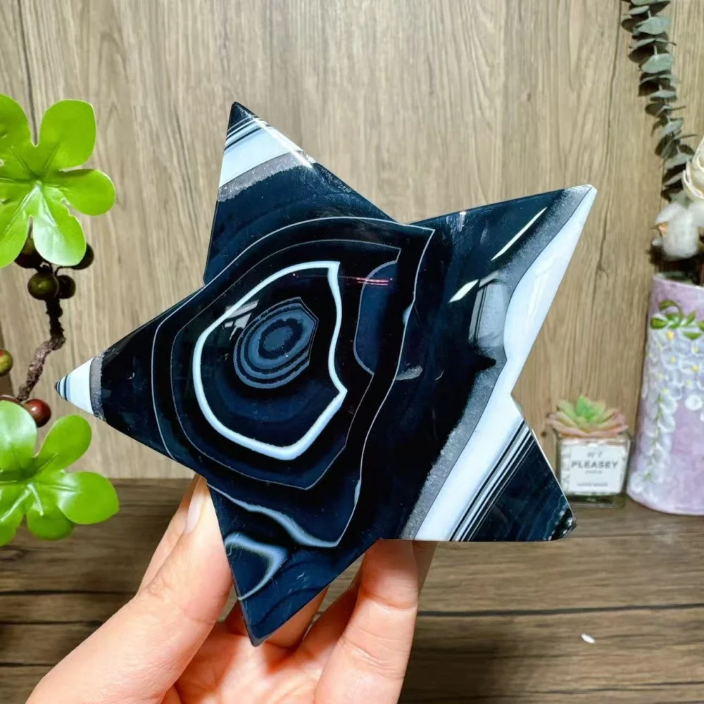 Natural Unique Black Agate Star Stone Quartz Carvings Healing Crystal Reiki Energy Home Decor Scene Gifts Crafts