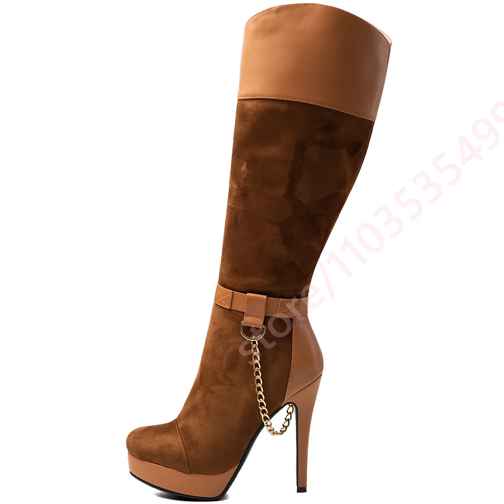 Women's Knee High Heel Spliced Platform Boots 2026 Metal Chain Buckle Strap Stiletto Long Boots Fashion Party Nightclub Boots