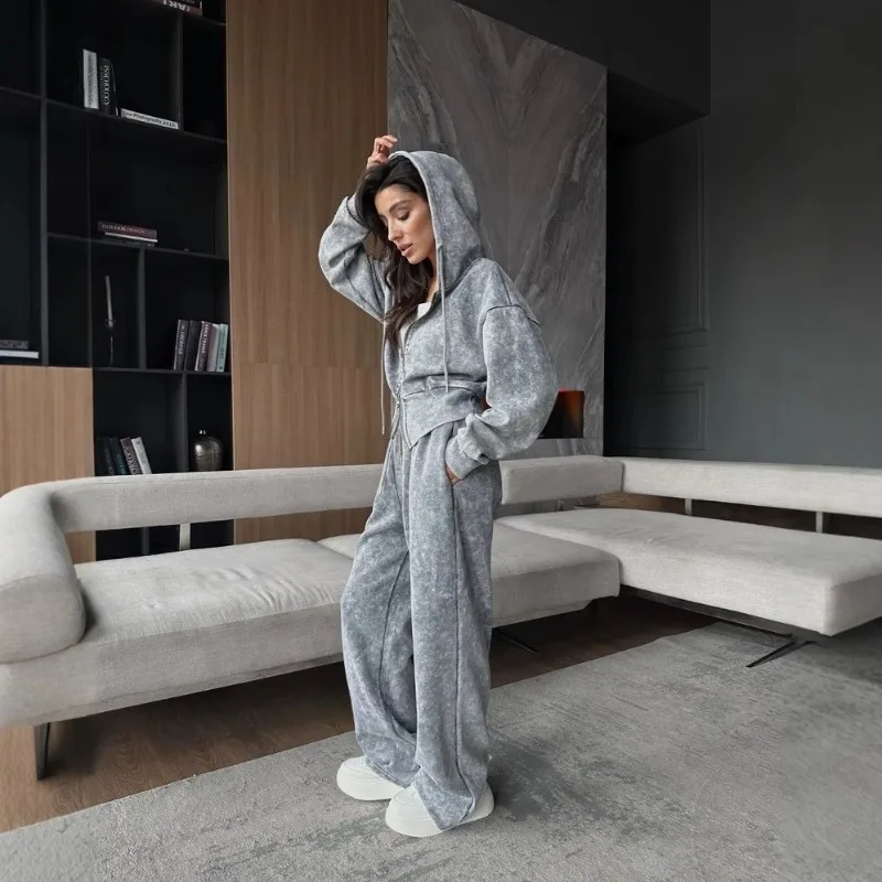 

Amazon cross-border washed aged hoodie set for women long-sleeved zipper hooded top, straight-leg high-waisted casual sweatpants