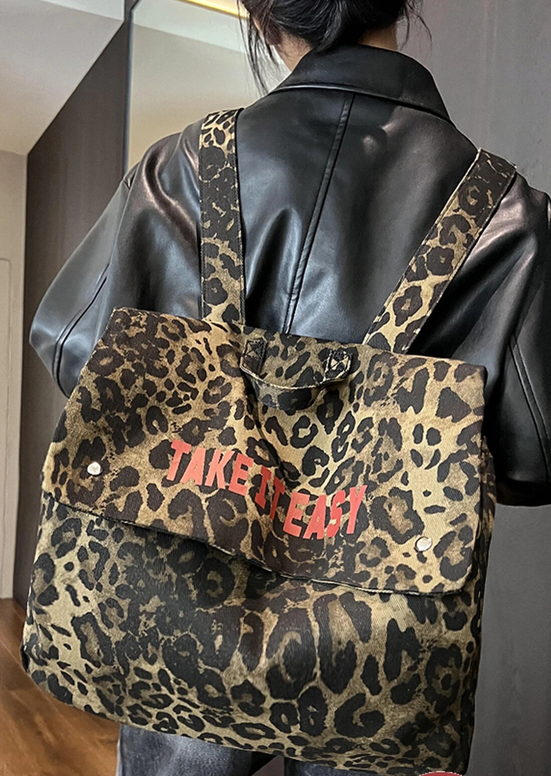 

Tide cool leopard print canvas backpack 2025 new denim large capacity travel backpack