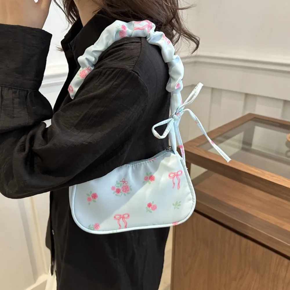 

Fashion Ruched Flower Pleated Underarm Bag Bowknot Sweet Nylon Handbag Trendy Handle Floral Shoulder Bag Girls