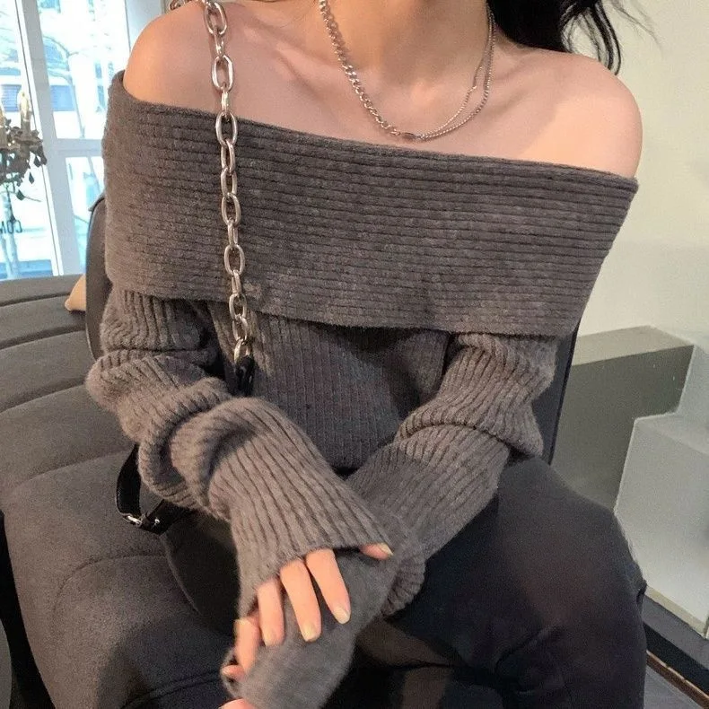 Off Shoulder Knitted Sweater Women Long Sleeve Elegant Pullovers Autumn Winter Pure Color Fashion Sexy Y2k Clothing Tops Korean