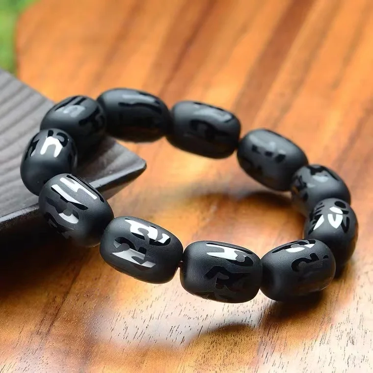 

Black Natural Matte Agate Six-Word Mantra Drum Bead Bracelet Couple Zodiac Year Of The Snake Personalized Buddha String Jewelry