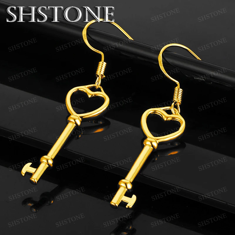 

18k Gold Heart Key Drop Earrings For Women Charm Wedding Birthday Party Fashion Design Creative Jewelry Gift Accessories