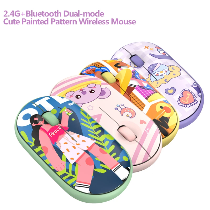 

2.4G+Bluetooth Dual-mode Cute Painted Pattern Wireless Pebble Shape Mouse Mute Light Weight Portable Optical Mice For Girl Gift