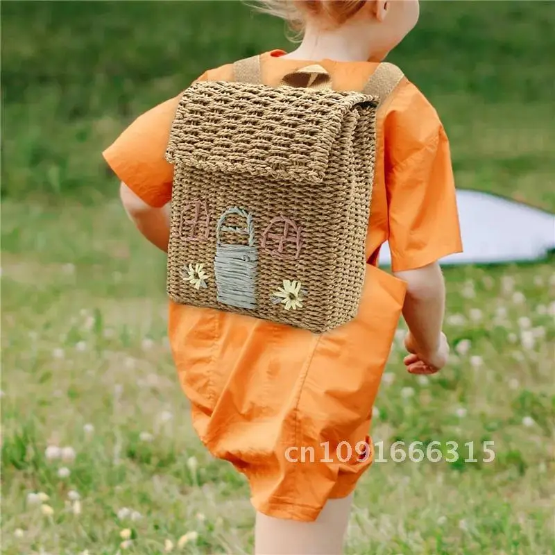 Double Shoulder Straw Woven Bag Children Backpack Straw Woven Bag Student School Bag Personality Hand Carrying Woven Backpack