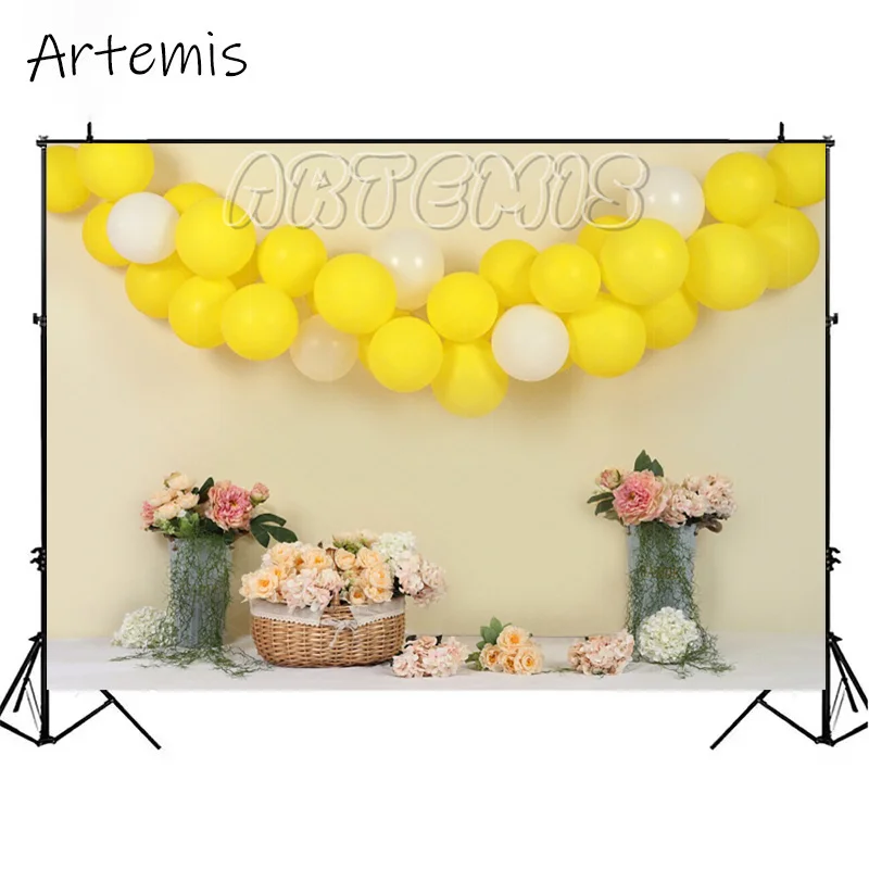 Baby's Birthday Cake Smash Photography Backdrop Sunflower Yellow Balloons Basket Of Flowers Portrait Background Photo Studio