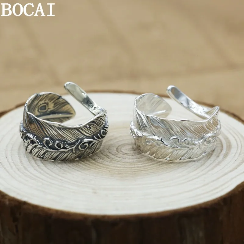BOCAI New S925 Sterling Silver Jewelry Vintage Fashion Rattan Flower Feather Open Ring Men's And Women's Selected Gift