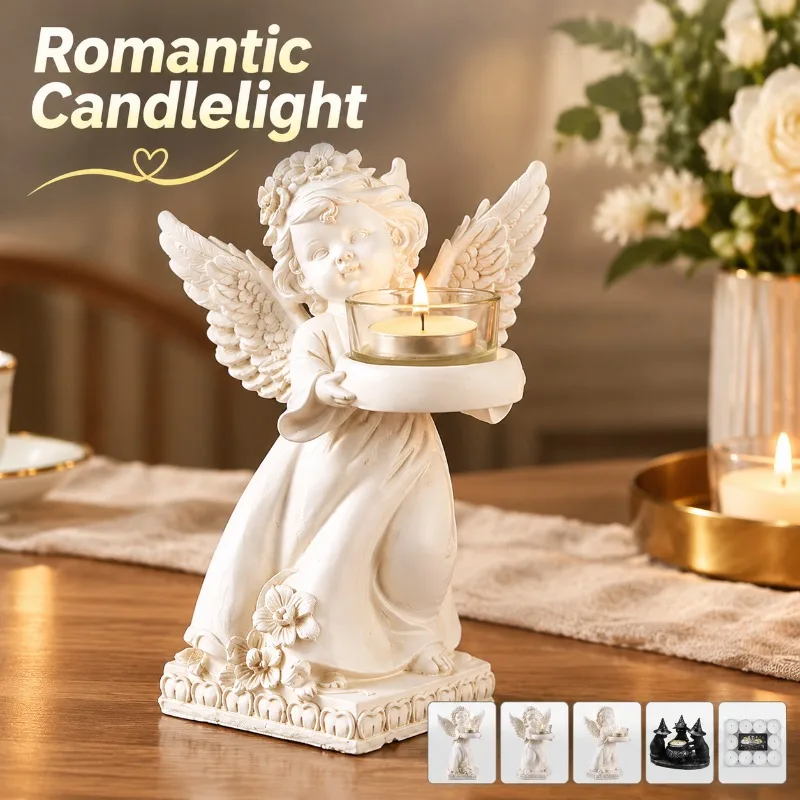 European Retro Angel Candle Holder Resin Figurine Desktop Ornament Romantic Candlelight Dinner Table Decor  Party  Prop
