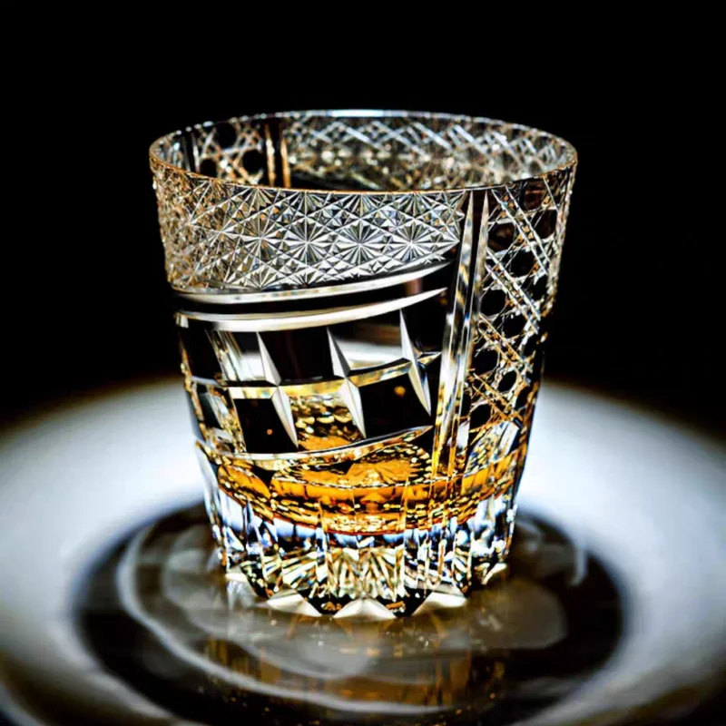 320ml Japanese Style Black Whiskey Glass Tumbler Hand Cut Edo Kiriko Diamond Design Clear Glass Barware for Serving Drinks