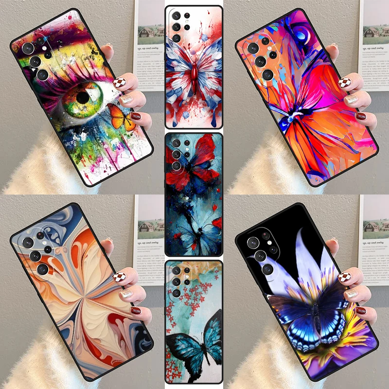 

Сине-красный чехол для телефона с бабочкой для Samsung Galaxy S23 S21 S20 FE S24 S25 S22 Ultra Note 10 20 Plus, силиконовый чехол