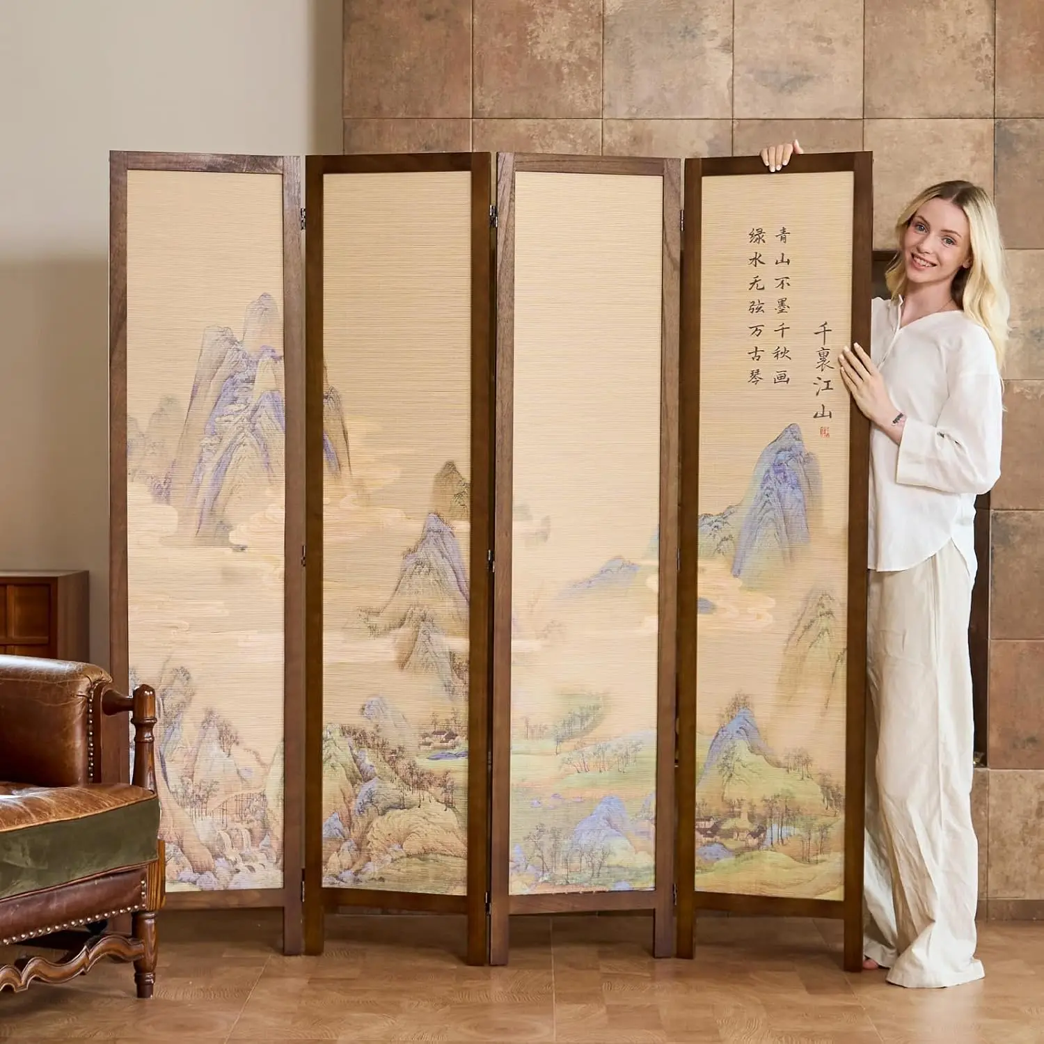 

Asian Style Room Divider - 4 Panel Plum Blossom/Mountain/Calligraphy Design with Wood Frame, Freestanding Partition Scre