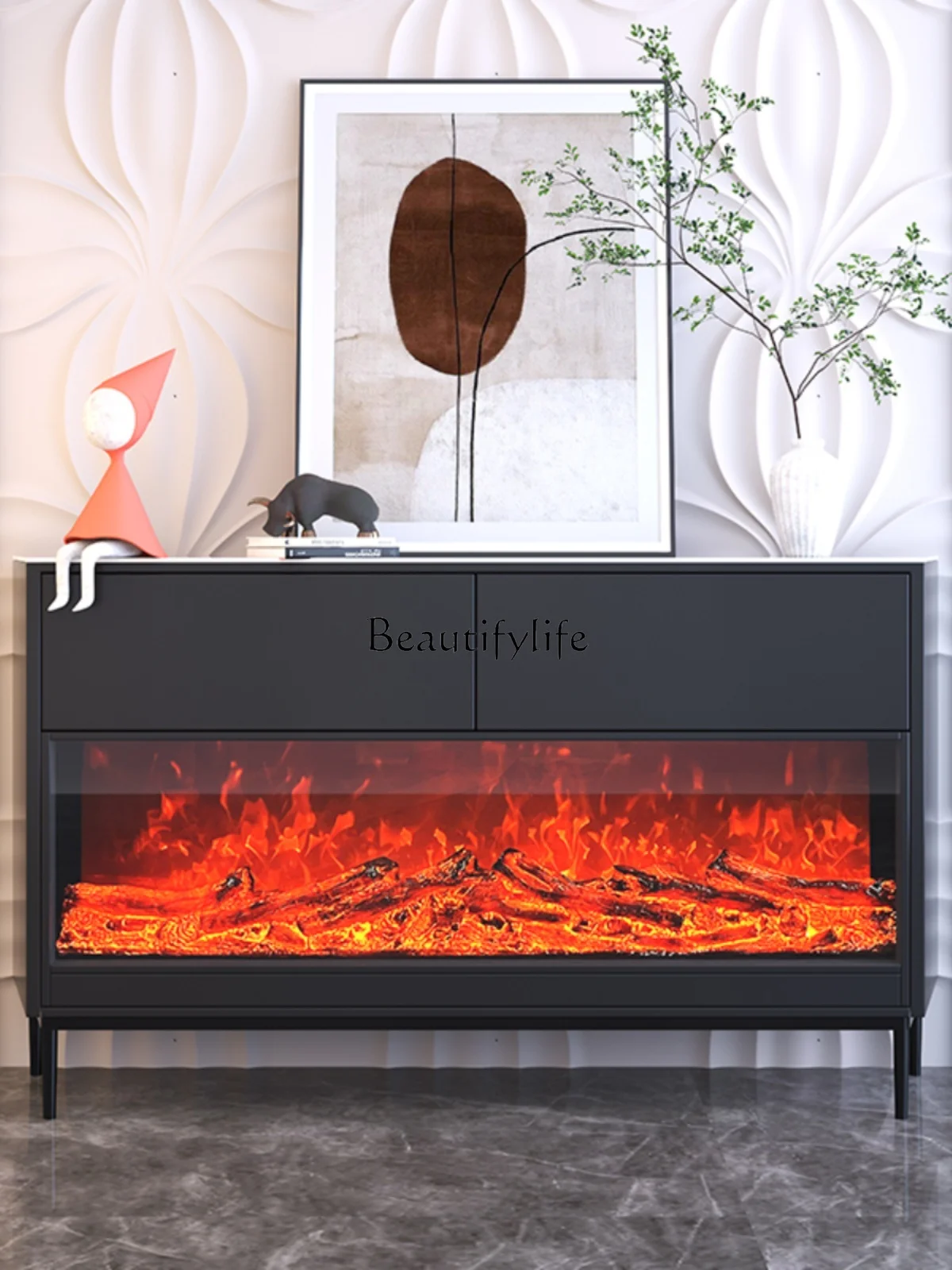 Italian Light Luxury Fireplace Stone Plate Entrance Cabinet Minimalist Solid Wood Decoration Storage Cabinet