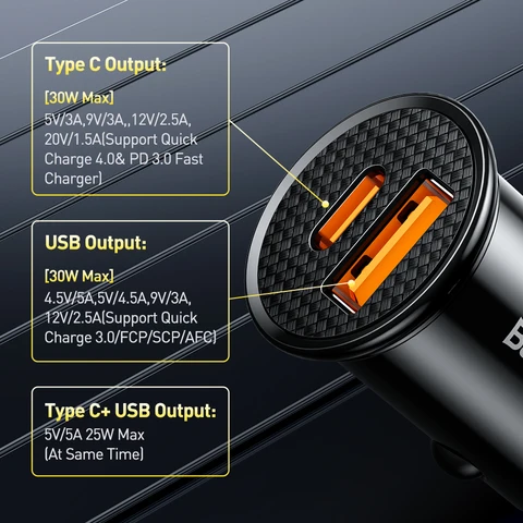 Baseus 30 Вт USB Автомобильное зарядное устройство Quick Charge 4.0 3.0 FCP SCP USB PD для Xiaomi iPhone16 15 14 Pro Max Автомобильное зарядное устройство для быстрой зарядки телефона