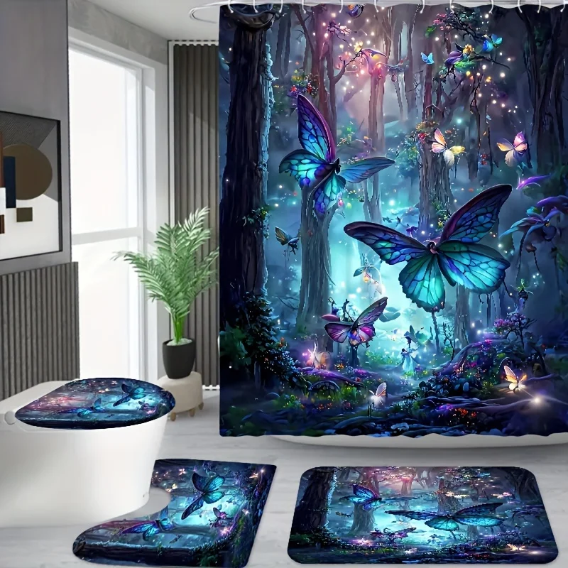 4pcs Butterfly Forest Pattern Shower Curtain Set, Waterproof Bathroom Partition Curtain With Hooks, Non-Slip Bath Rug, Toile