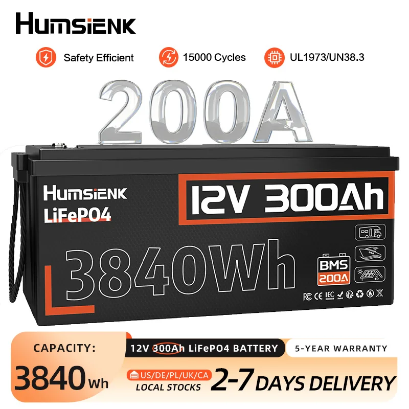 Humsienk 12V 300Ah LiFePO4 Battery, Built-in 200A BMS, 15000+ Deep Cycle, Low-Temp Protection for RV, Van, Golf Cart, Boat, Camper, Marine, Solar Energy Storage, 5-Year Warranty