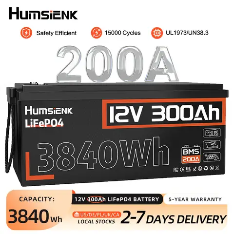 Humsienk 12V 300Ah LiFePO4 Battery, Built-in 200A BMS, 15000+ Deep Cycle, Low-Temp Protection for RV, Van, Golf Cart, Boat, Camper, Marine, Solar Energy Storage, 5-Year Warranty