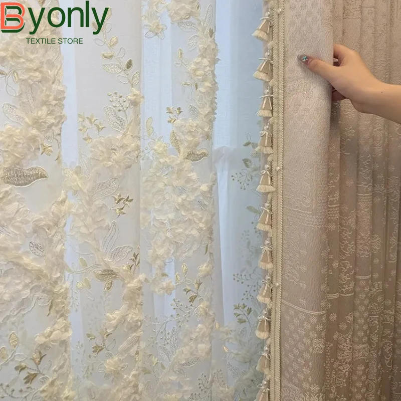 New Heavy Industry Embroidery Flower Petal Trailing French Window Bedroom Living Room Embroidery Window Screen White