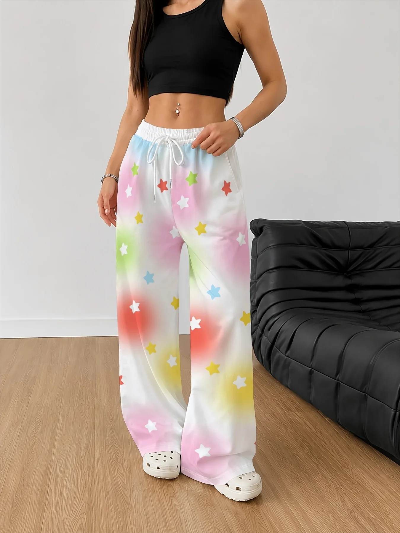 Sweet girl style rainbow star wide leg pants for children's families, breathable pentagonal star straight leg casual pants
