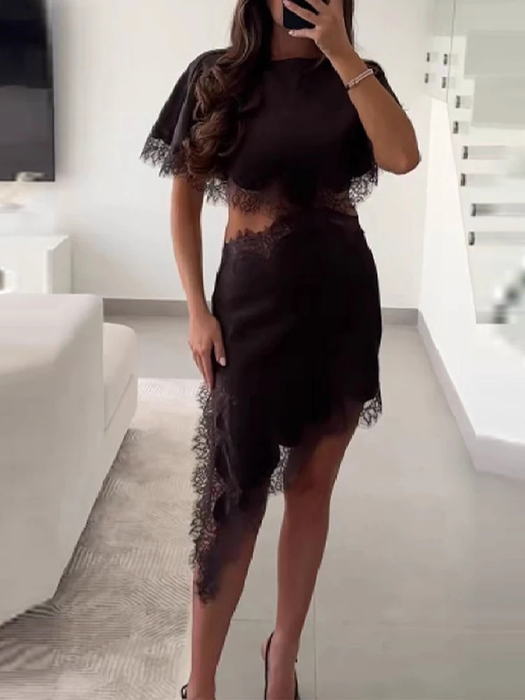 Elegant O-neck Short Sleeve Irregular Dress Women Sexy Lace Splicing Hollow Out Party Dress Fashion Hight Waist Satin Long Dress