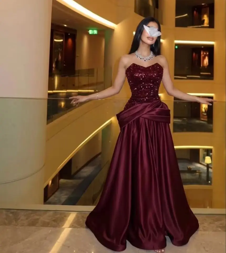 

Ofherown Burgundy Sequins Satin Evening Dress Strapless Draped Skirt Long Prom Gown Custom Bridesmaid Wedding Party Maxi Dress