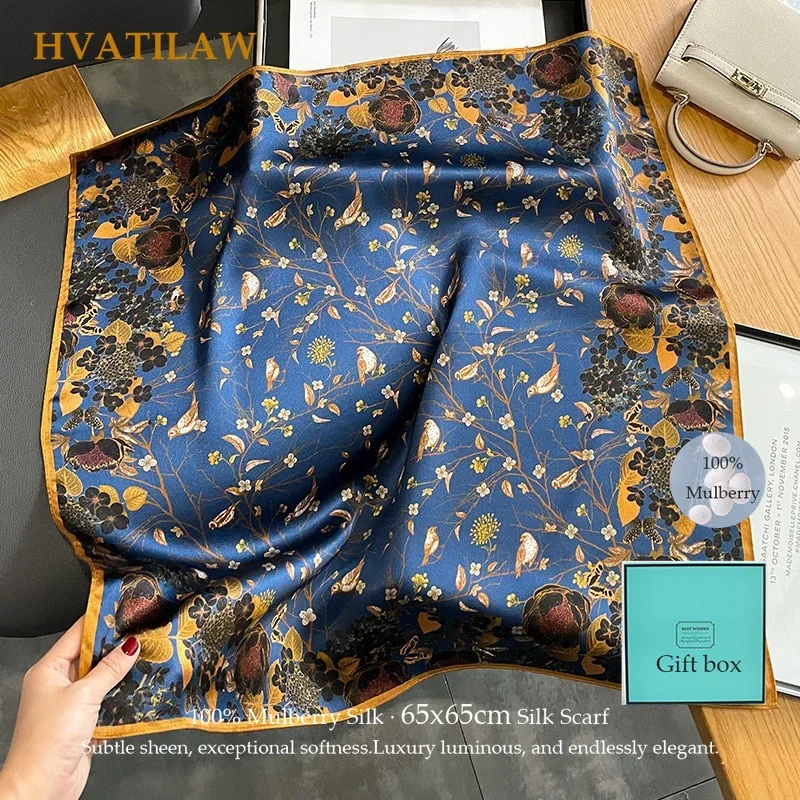 

65cm Square Scarf 100% Pure Real Silk Scarf Women Mulberry Silk Foulard Neck Print Sunscreen Shawl Luxury Bandana Headband Hijab