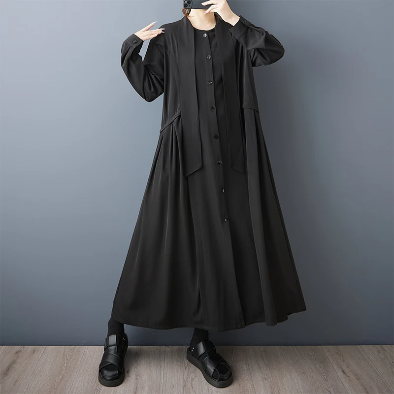 SuperAen Elegant Spliced Black Oversize Straps Dress for Women Autumn 2025 New Fashion Loose Long A-line Dresses