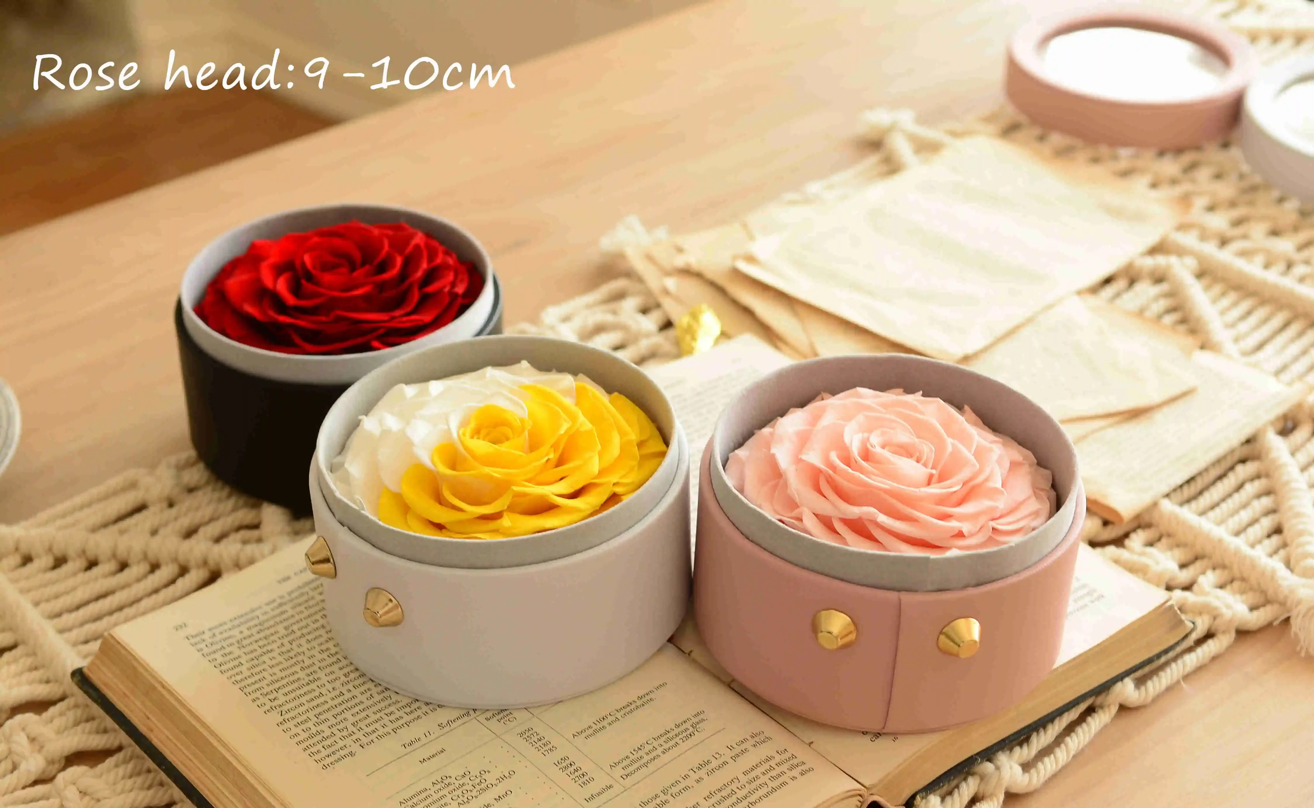 Big Eternal Rose Head Decorative Preserved Flower Roses in Round Shape PU Box, Gifts for Mother and Grandma Sets, 9-10cm