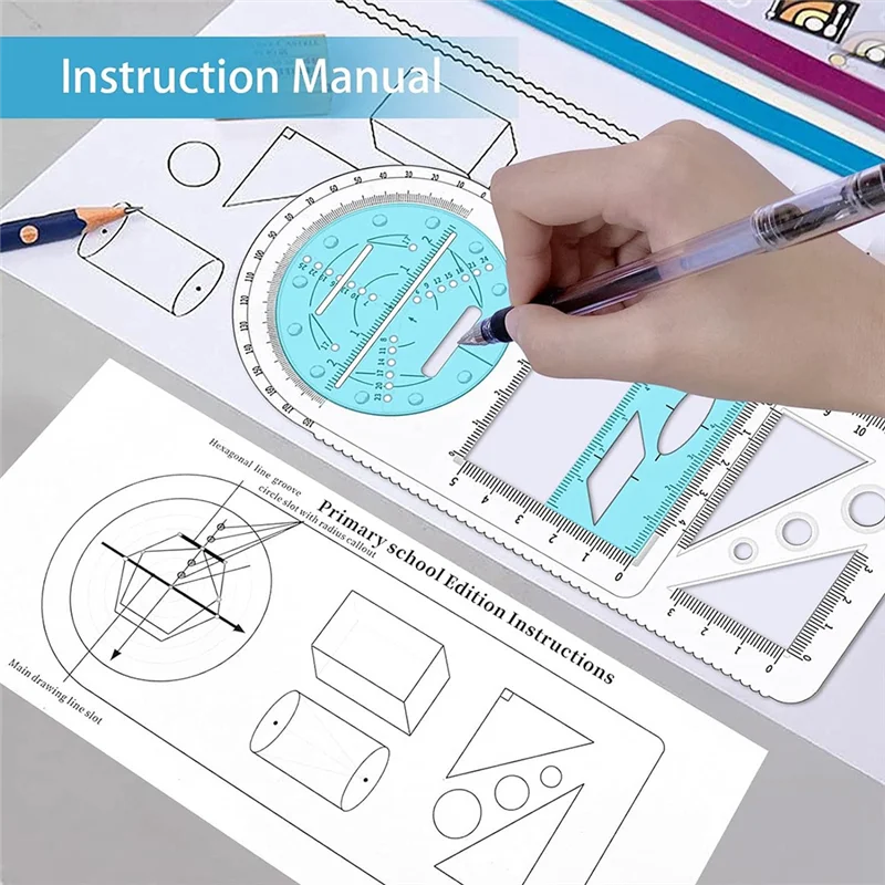 AED6-Multifunctional Geometric Ruler, Geometric Drawing Template, Measuring Tool Draft Rulers For School Office Building