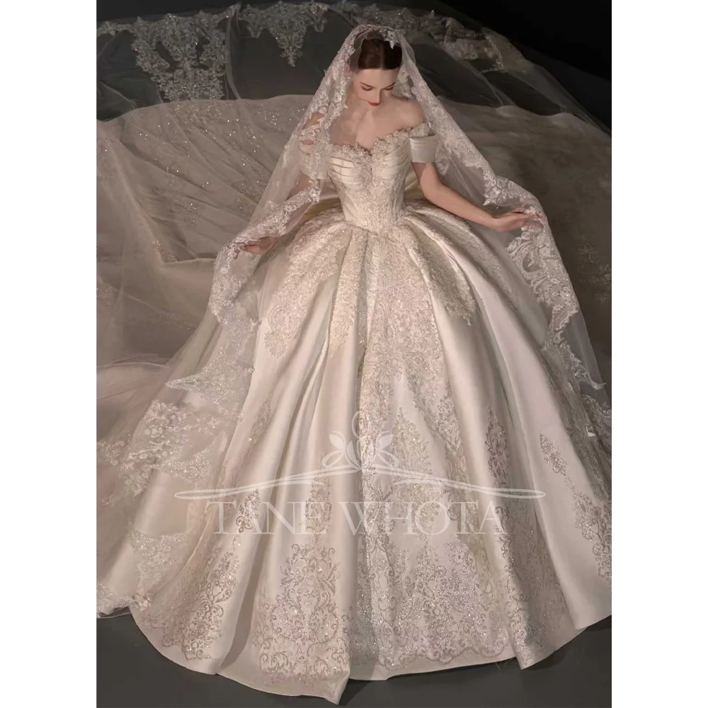 Luxury Sweetheart Off-Shoulder Wedding Dress Satin Lace Pearl Sequined Ball Gown Customizable Noiva Casamento Vestido