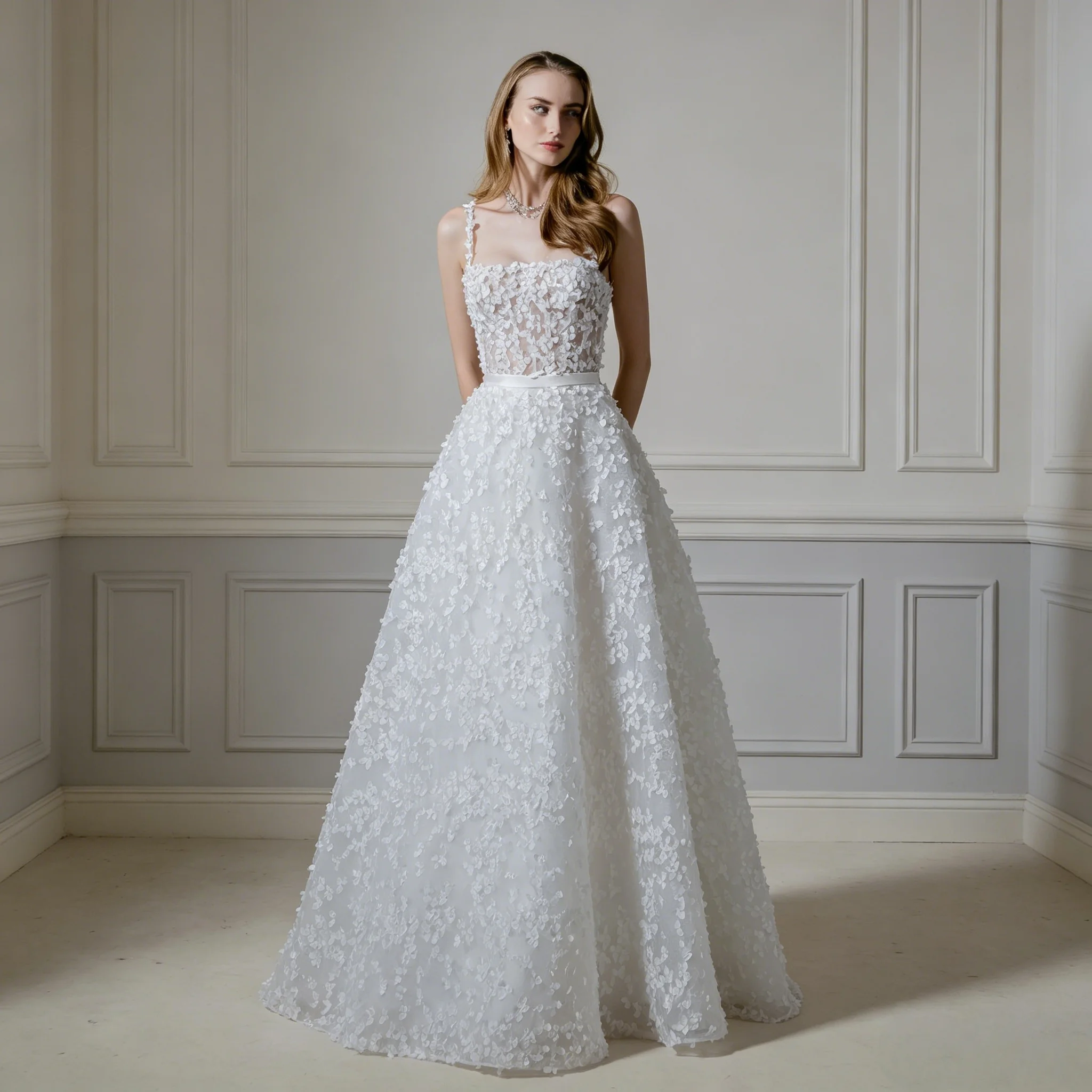 3D Organza Petal Spaghetti Strap Wedding Dress Square Neck Sheer Mesh Tulle A Line Chapel Train Fairy Bridal Gown Customizable