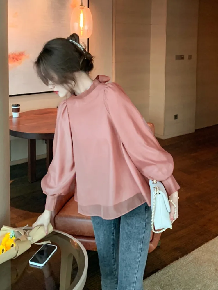 ربيع جديد الحلو الجنية مثل عقدة الشيفون الدانتيل أعلى المرأة لطيف Sle فقاعة Sve بلوزة جميلة تماما #5