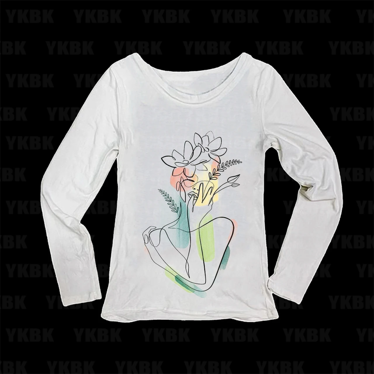 Minimalist Art Women Long Sleeve Tee One Line Female Figure Flower Pastel Graphic Slim Aesthetic Fitted Top